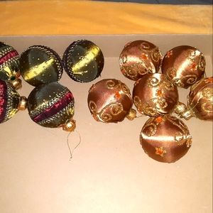 Set of 11 satin green and gold ornaments
